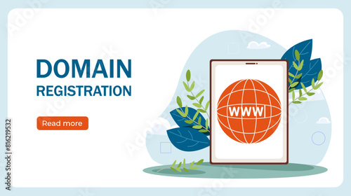 A conceptual graphic of domain registration showing a tablet with a globe icon labeled www, surrounded by foliage, vector illustration on a white background.