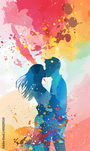  vector illustration of colorful abstract watercolor splashes  silhouette of two lovers kissing in the background  romantic mood and tone  bright colors  love wallpaper for phone