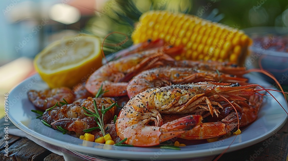 A platter featuring shrimp, corn, and an ear of corn, served alongside an additional ear of corn on the cob A platter featuring shrimp, corn, and an ear of corn, served alongside an additional ear of corn on the cob