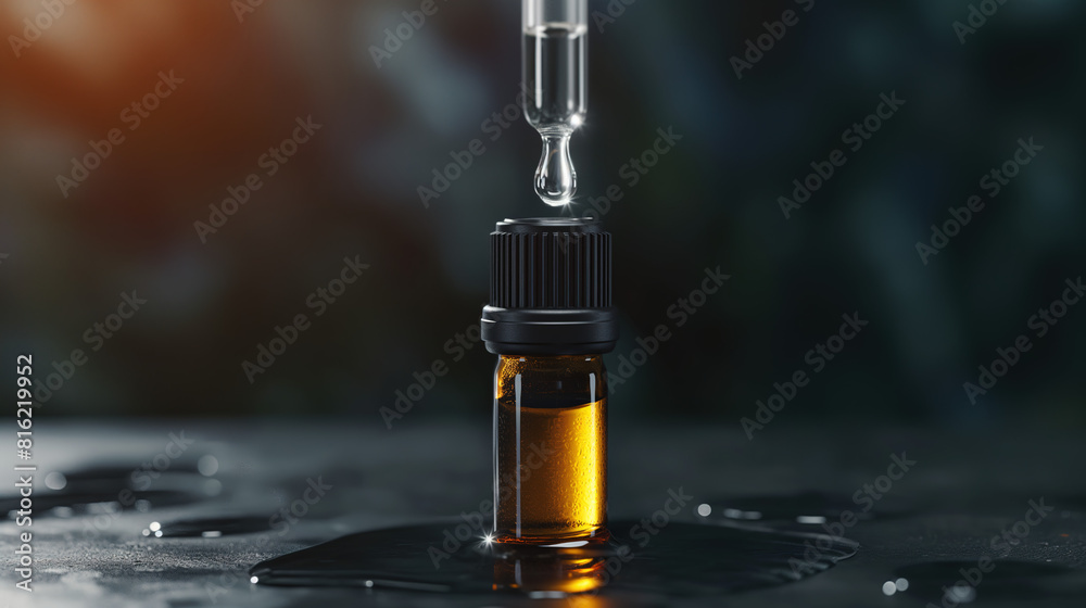 dropper with essential oil dripping into the amber bottle on a dark background dropper with essential oil dripping into the amber bottle on a dark background