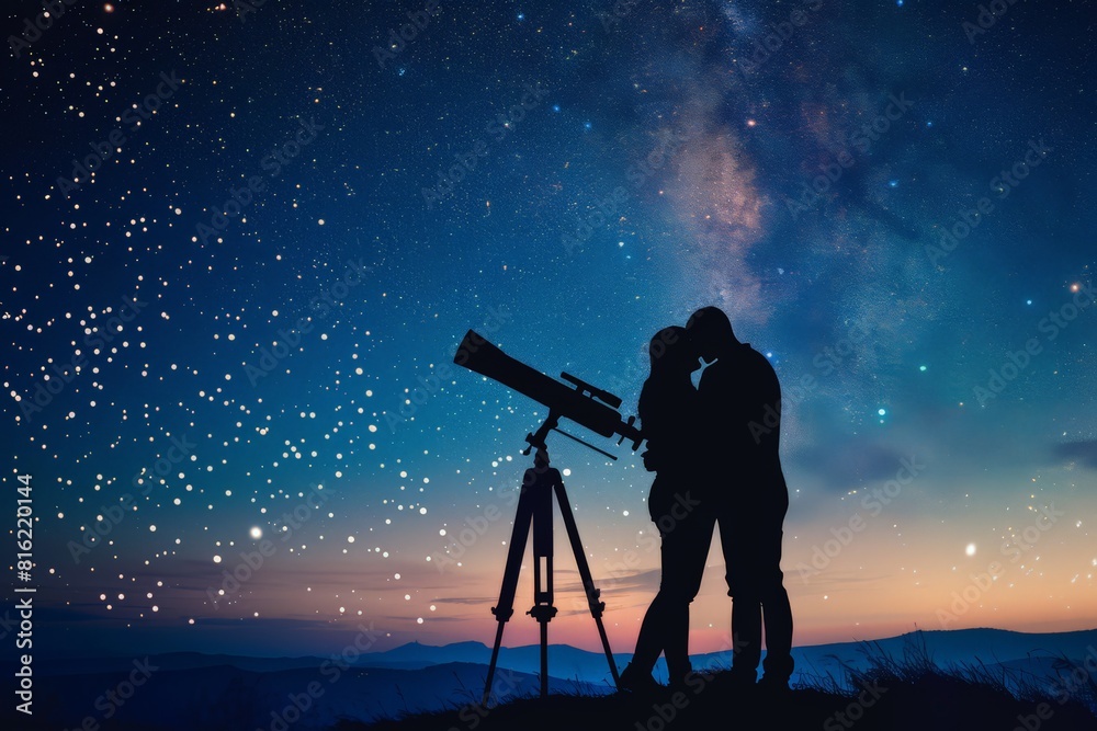 Couple embracing by telescope under starry night. Stargazing and observation concept. Adventure and discovery. Design for poster, wallpaper. Outdoor astronomy hobby