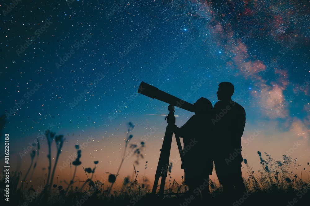Couple next to telescope under starry sky. Stargazing and observation concept. Adventure and discovery. Design for poster, wallpaper. Outdoor astronomy hobby Couple next to telescope under starry sky. Stargazing and observation concept. Adventure and discovery. Design for poster, wallpaper. Outdoor astronomy hobby