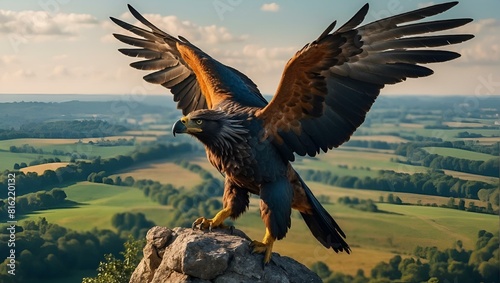 an eagle standing on top of a rock with wings outstretched