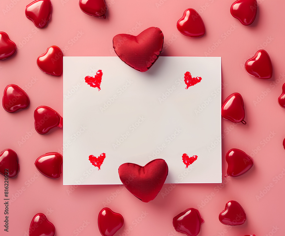 white blank greeting card with red hearts on pink background, surrounded by small heart shapes, creating an atmosphere of love and romance for Valentine's Day celebration. white blank greeting card with red hearts on pink background, surrounded by small heart shapes, creating an atmosphere of love and romance for Valentine's Day celebration.