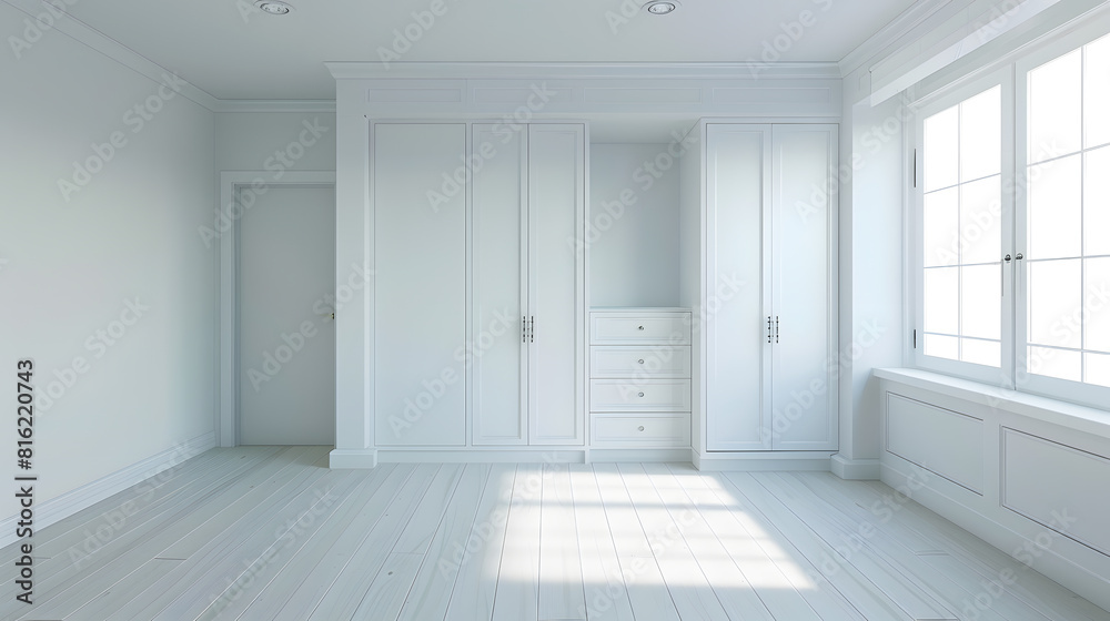 Interior of empty spacious bedroom with white walls and laminated floor and built in wardrobe : Generative AI