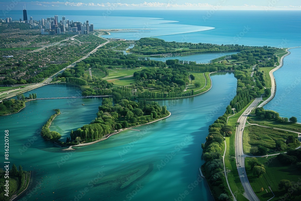 Highangle shot capturing a vibrant city park alongside a serene lake with the urban skyline in the distance