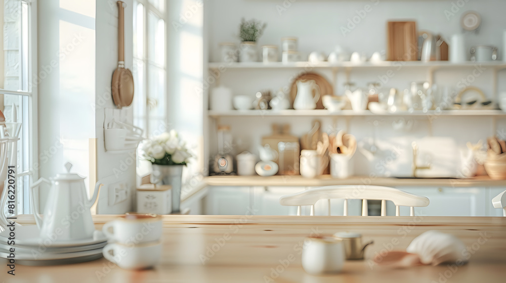 Empty countertop on kitchen with contemporary interior design Wooden table top against new furniture with home decor kitchenware and household equipment on shelf Bright room at scandin : Generative AI