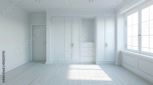 Interior of empty spacious bedroom with white walls and laminated floor and built in wardrobe : Generative AI © Generative AI