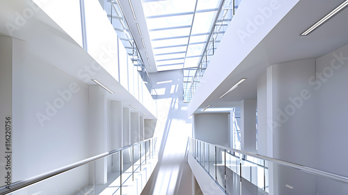 Bright interior hallway with modern design featuring a staircase glass railing and a skylight   Generative AI