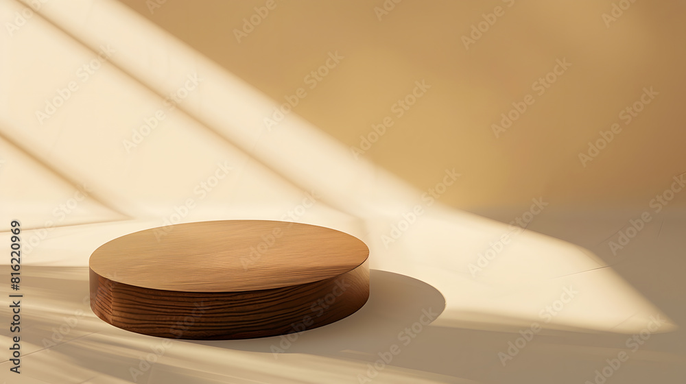 Round brown wooden stand on a beige background a place to display cosmetics and products : Generative AI Round brown wooden stand on a beige background a place to display cosmetics and products : Generative AI