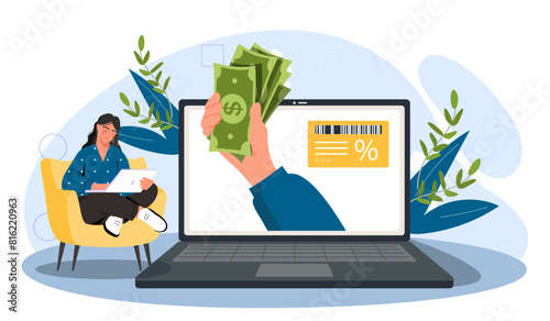 Cashback concept with a woman using a tablet next to a large laptop screen with a hand holding cash, representing online earnings, on a light abstract background, vector illustration