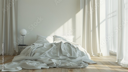 Simple modern design ad offer Double bed with white pillows and soft blanket lamp furniture on wooden floor White empty wall big window with curtains in bedroom interior : Generative AI