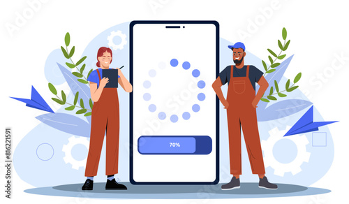 Two animated characters next to a giant smartphone showing a loading screen, on a light abstract background, illustrating technology concepts. Flat vector illustration