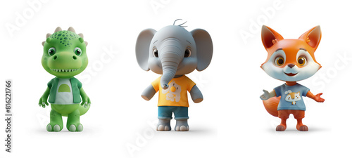 cutout set of cartoon 3d like animal characters happy standing as toys or children movie toon  isolated on transparent png background