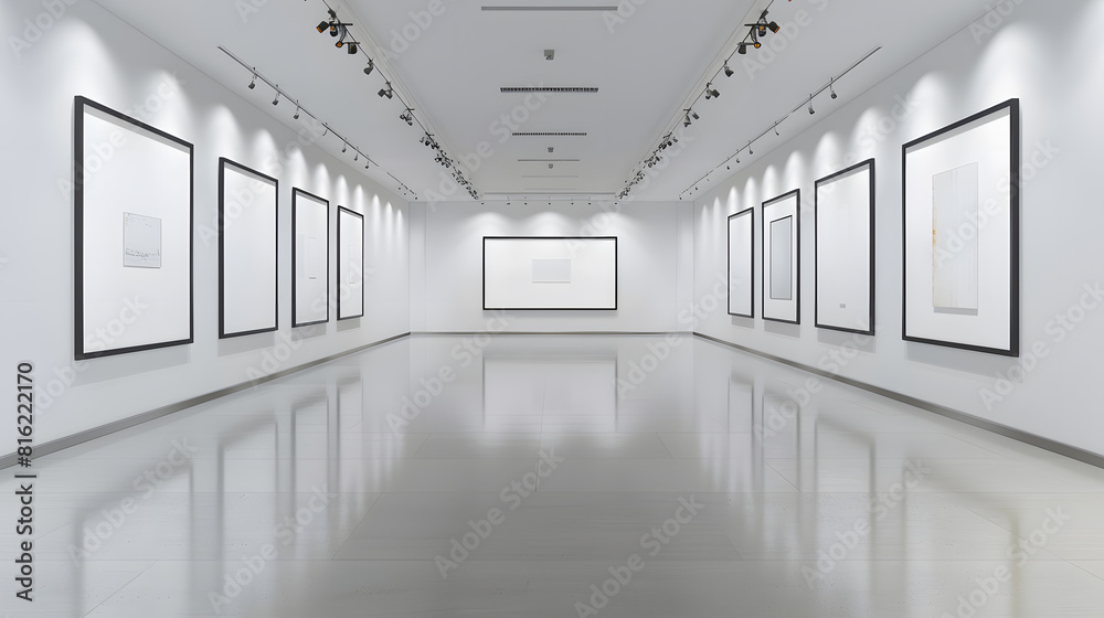 Fototapeta premium Gallery interior empty frames on wall Art gallery empty interior room with white walls floor and lights for pictures presentation photography contest exhibition hall Realistic mock up : Generative AI