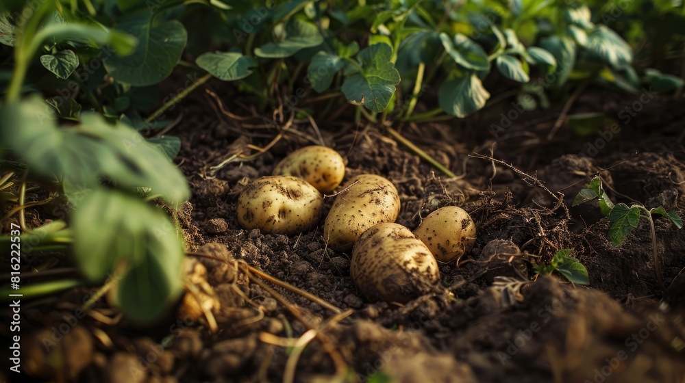 Newly unearthed potatoes resting on the earth Newly unearthed potatoes resting on the earth