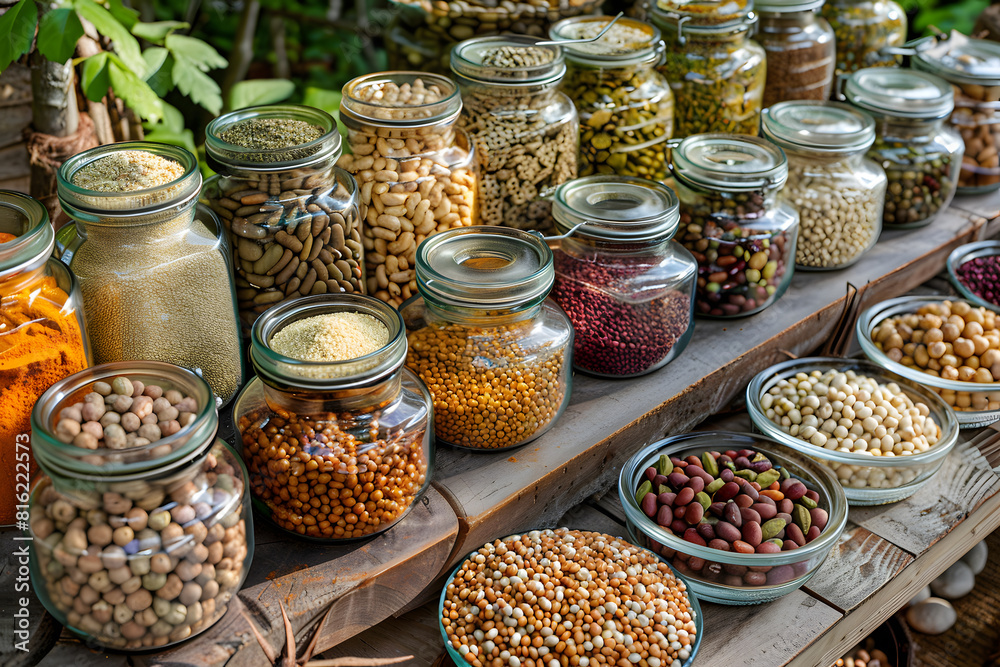 Assortment of legumes and grains in glass jars