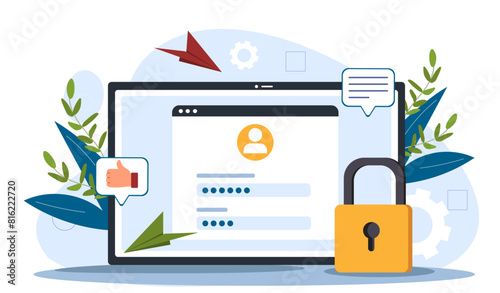 Secured login webpage, with a padlock and decorative elements, on a light blue background, concept of cybersecurity. Flat vector illustration
