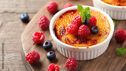Composition of creme brulee with berries and mint displayed on a wooden table