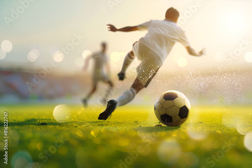 Soccer player kicking ball on blurred soccer field background with copy space. photo