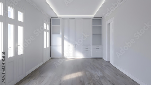 Interior of empty spacious bedroom with white walls and laminated floor and built in wardrobe   Generative AI
