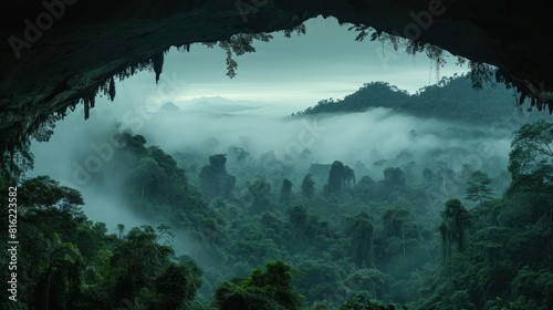 Prehistoric forest jungle viewed from a cave with giant trees.