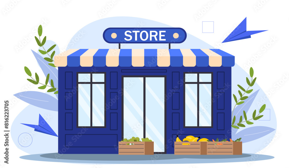 A blue storefront with STORE sign, window displays of fruits and vegetables, on a light background. Flat vector illustration. A blue storefront with STORE sign, window displays of fruits and vegetables, on a light background. Flat vector illustration.