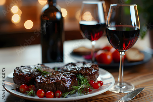 Elegant dinner setting with red wine and steak