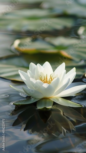 Serene white water lily on calm pond