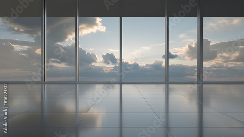 Through the floortoceiling windows the outdoor sky and cloudscape   Generative AI