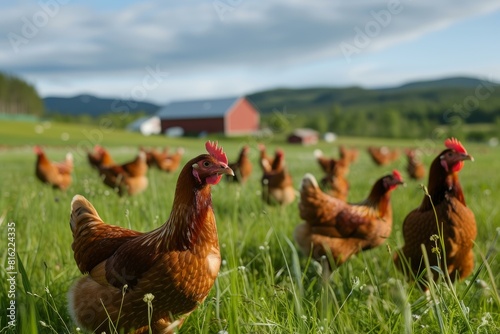 Flock of healthy chickens explores a lush green pasture with farm buildings in the background