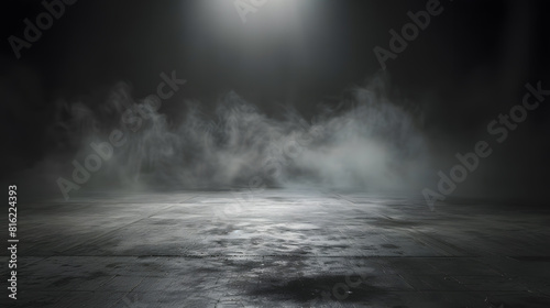 Abstract image of dark room concrete floor Black room or stage background for product placementPanoramic view of the abstract fog White cloudiness mist or smog moves on black backgroun : Generative AI photo