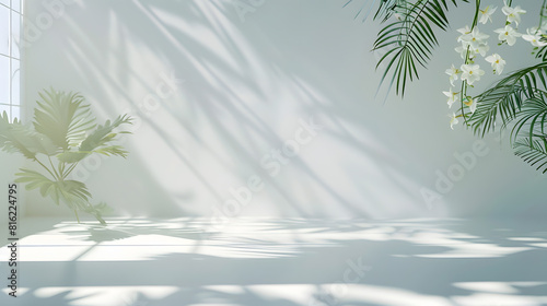 Abstract white studio background for product presentation Empty room with shadows of window and flowers and palm leaves  3d room with copy space Summer concert Blurred backdrop   Generative AI