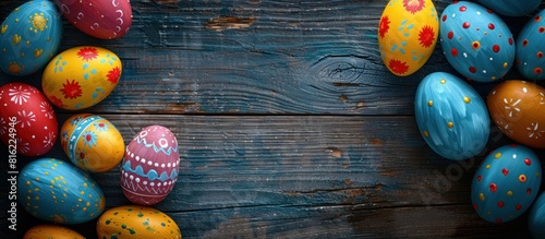 Colorful painted easter eggs on wooden background