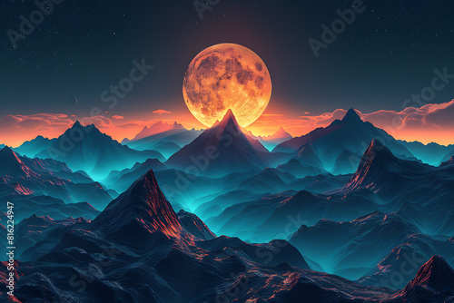 Scenic mountains silhouetted against the moon, fragmented for a mystical and captivating effec photo