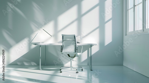 White desk space and interior with window and chair   Generative AI