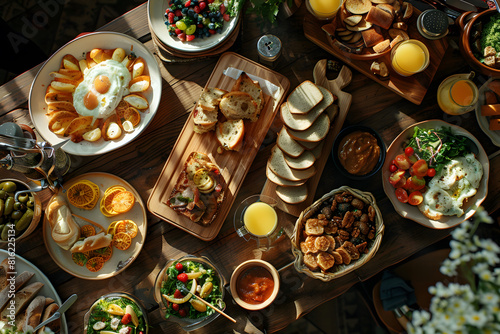 Gourmet brunch spread on rustic wooden table