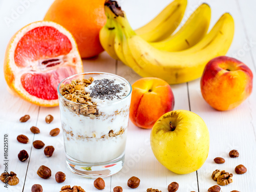 yogurt, with fresh fruits and nuts photo