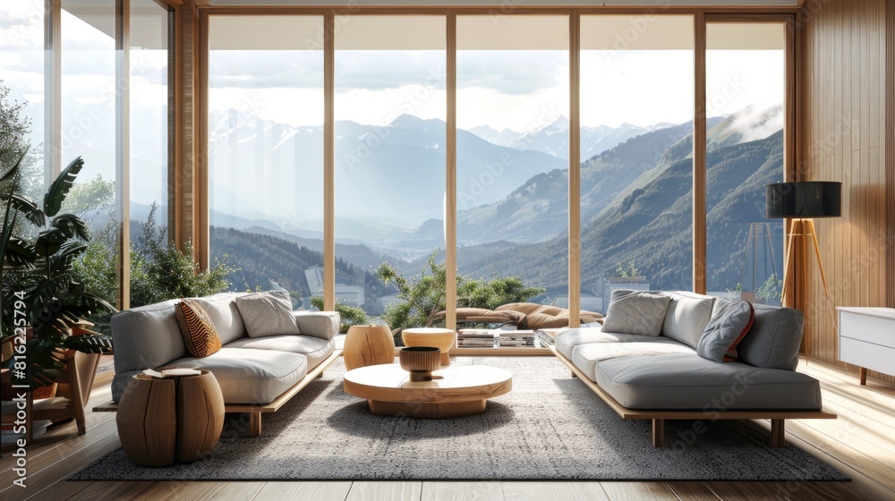 A living room with a large window overlooking a mountain range A living room with a large window overlooking a mountain range