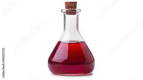 Red liquid in a glass bottle with a cork isolated on a white background