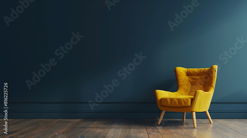 Living room with yellow armchair on empty dark blue wall background3D rendering : Generative AI photo