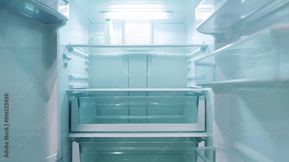 Empty open fridge with shelves refrigeratorCopy space : Generative AI Empty open fridge with shelves refrigeratorCopy space : Generative AI