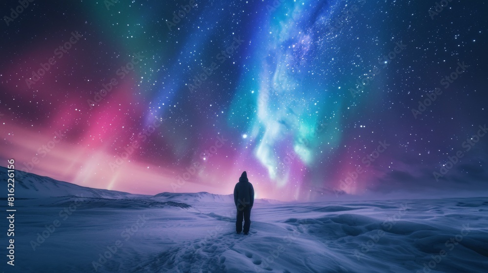 A person stands in snow field with beautiful aurora northern lights in night sky in winter. A person stands in snow field with beautiful aurora northern lights in night sky in winter.
