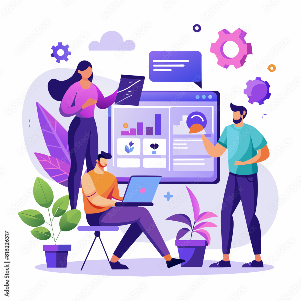 Designers are working on the desing of web page. Web design, User Interface UI and User Experience UX content organization. Web design development concept. Violet palette.  flat illustration white bac