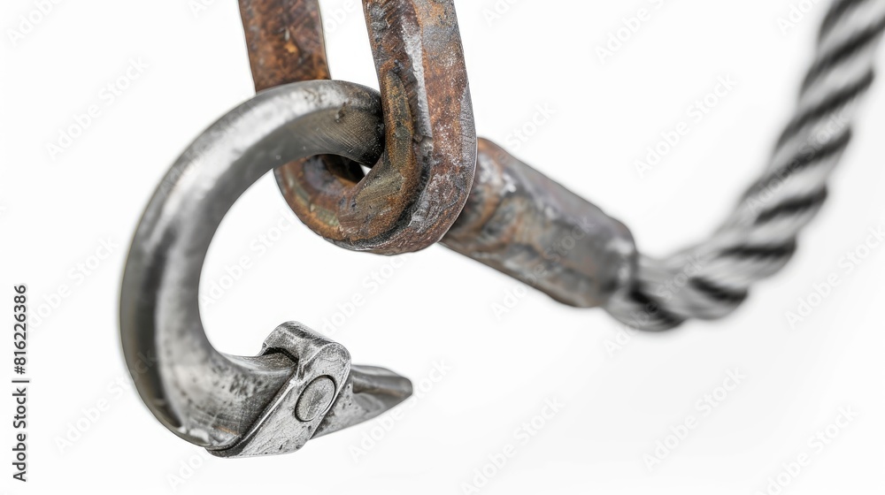 Obraz premium Close up of hook and sling attached to steel cable on white background