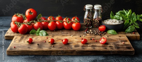 Fresh tomatoes  herbs  and spices on wooden cutting board