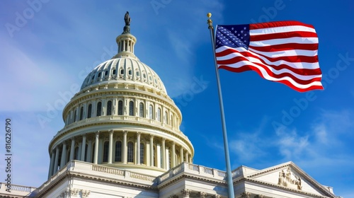US national flag flying in air with capitol hill building in washington dc