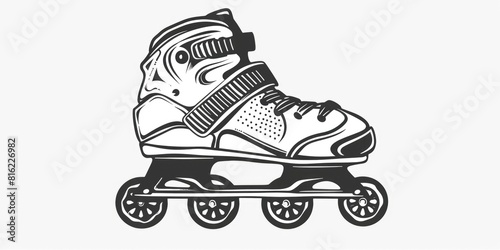 A black and white drawing of a roller skate