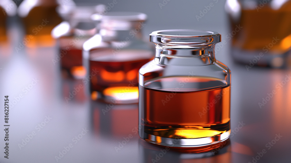 small glass bottles with brown liquid on a grey background, small glass bottles with brown liquid on a grey background,