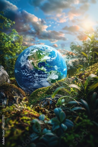 A blue and green planet is surrounded by trees and plants
